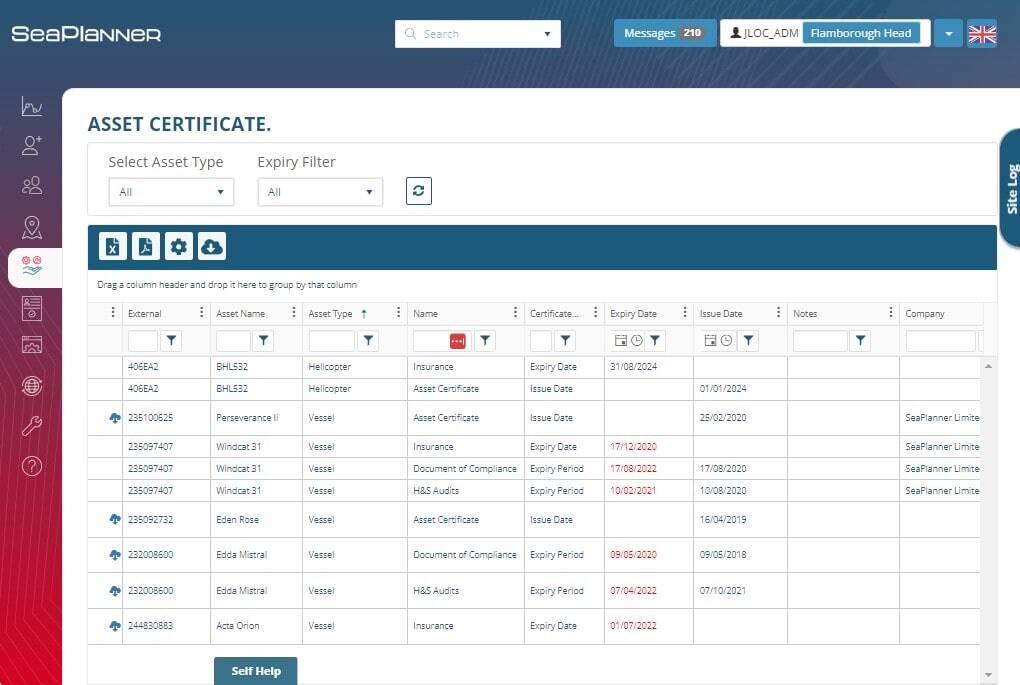 Project Asset Certificate Page in SeaPlanner Marine Management System