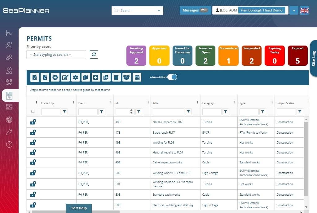 Permits Homepage in SeaPlanner Safe System of Work