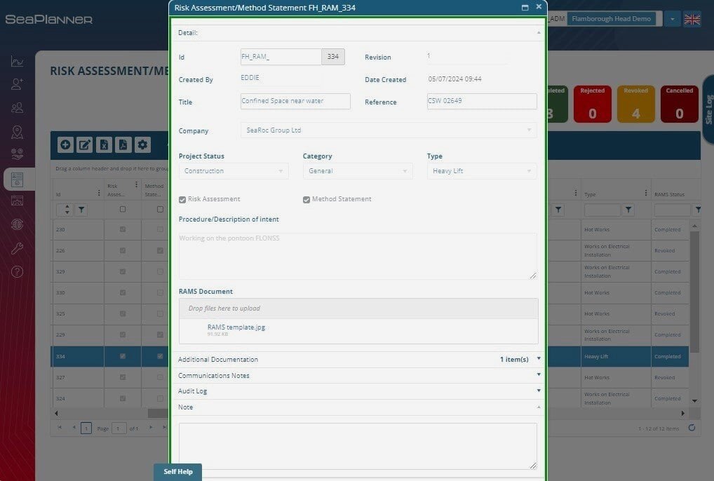 Risk Assessment and Method Statements (RAMS) in SeaPlanner Safe System of Work