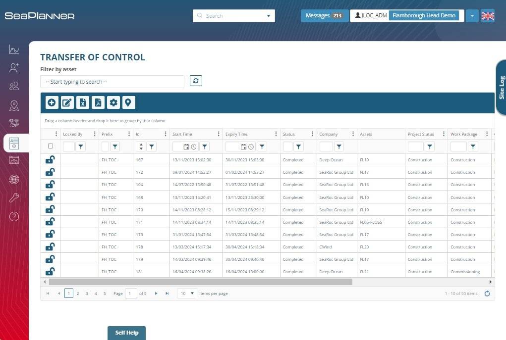 Transfer of Control (TOC) Homepage in SeaPlanner Safe System of Work